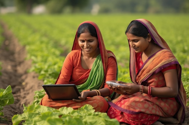 Mujer india usando tabletas en el campo agrícola