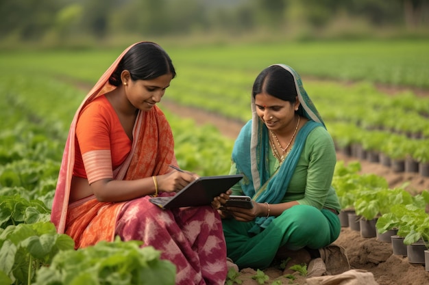 Mujer india usando tabletas en el campo agrícola