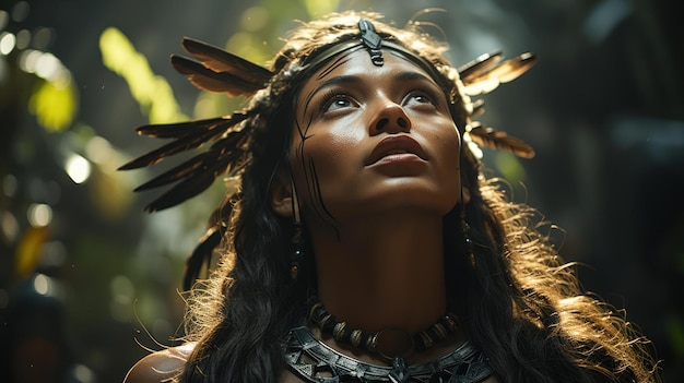 mujer indígena con un pañuelo en la cabeza con muchas plumas