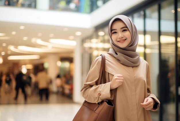 Una mujer indonesia está sonriendo en el centro comercial.