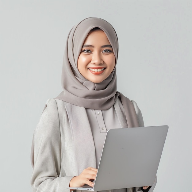 una mujer indonesia sosteniendo una computadora portátil con una sonrisa en su cara