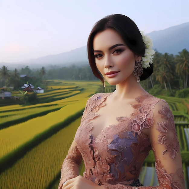 Mujer indonesia con vestido tradicional kebaya y fondo de campo de arroz