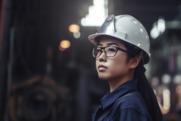 Mujer industria atractivo ingeniero industrial sonrisa asiático casco retrato negocio trabajo generativo AI