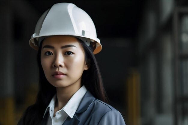 Mujer industria negocio sonrisa industrial retrato ingeniero casco persona trabajo asiático Generativo AI