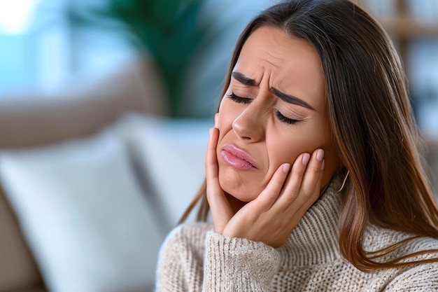 Foto mujer infeliz que experimenta dolor de muelas leve