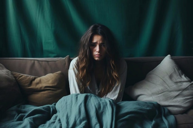Una mujer infeliz, solitaria y deprimida en casa está sentada en el sofá y escondiendo su cara en una almohada.