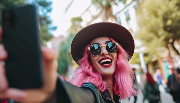 Una mujer influyente alegre adornada con un atuendo rosado capturando una selfie