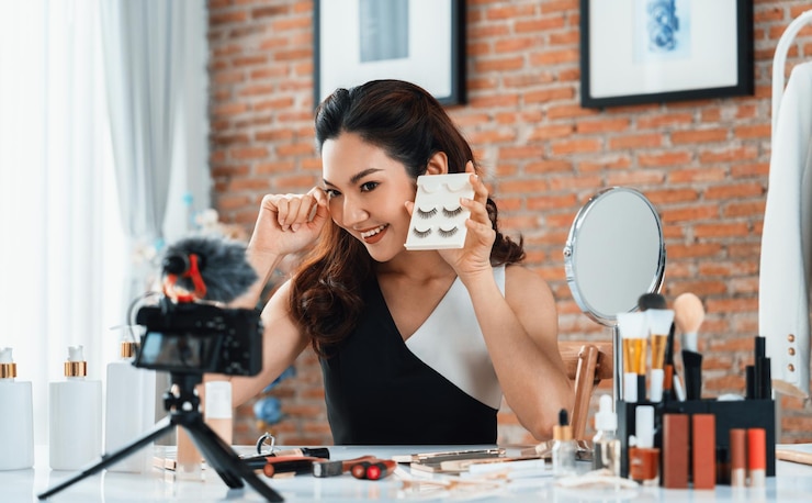 Foto mujer influyente disparar transmisión en vivo vlog video revisión maquillaje más social