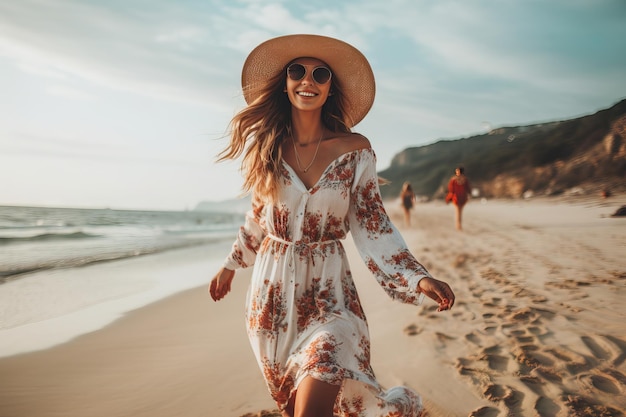 Mujer influyente feliz caminando en la playa durante una puesta de sol