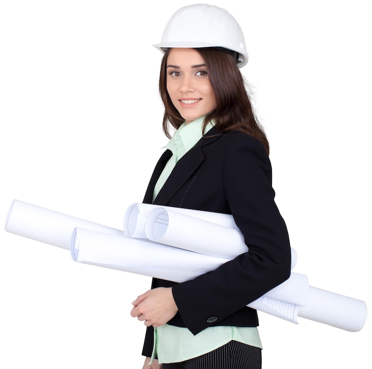 Foto mujer ingeniera con casco de seguridad y planos - aislada