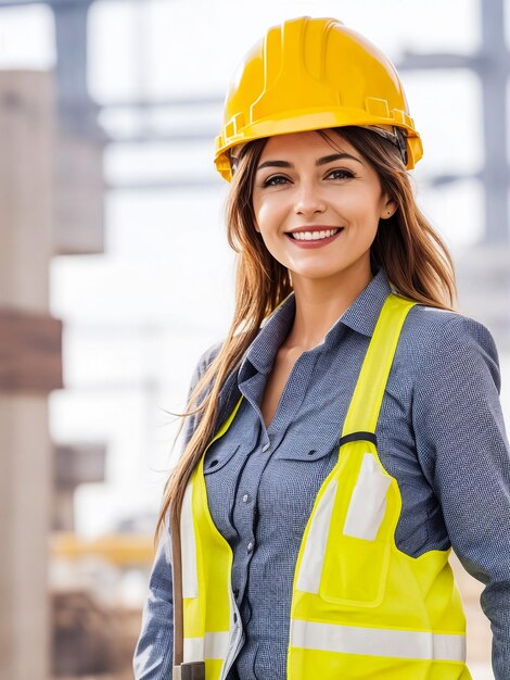 Mujer ingeniera constructora con chaleco uniforme y casco protector naranja contra el nuevo edificio Prope