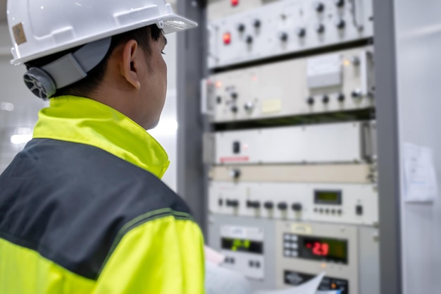 Mujer ingeniera eléctrica revisando el voltaje en el gabinete de distribución de energía en el mantenimiento preventivo de la sala de control Electricista anual de Tailandia que trabaja en la empresa