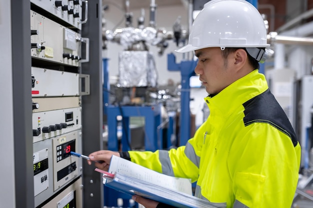 Mujer ingeniera eléctrica revisando el voltaje en el gabinete de distribución de energía en el mantenimiento preventivo de la sala de control Electricista anual de Tailandia que trabaja en la empresa