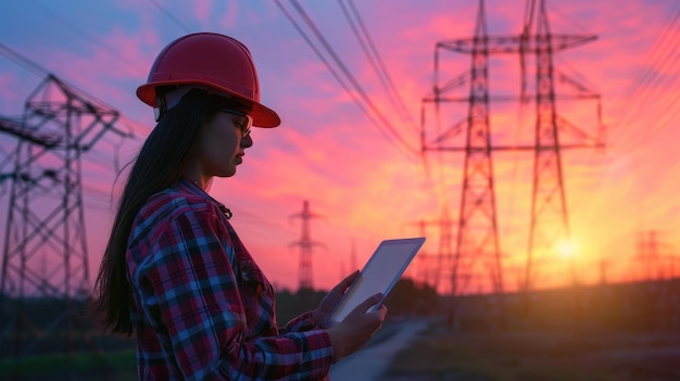 Mujer ingeniera ingeniera eléctrica en casco revisa la línea eléctrica usando una tableta en línea Electricista al aire libre Líneas eléctricas de alto voltaje al atardecer Distribución y suministro de electricidad