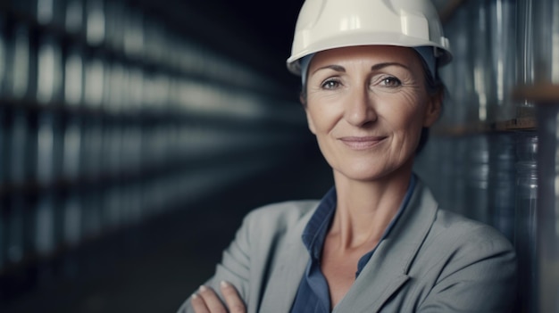 Mujer ingeniera madura de los años 40 con cara sonriente parada en el almacén IA generativa AIG20