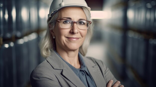 Mujer ingeniera madura de los años 40 con cara sonriente parada en el almacén IA generativa AIG20