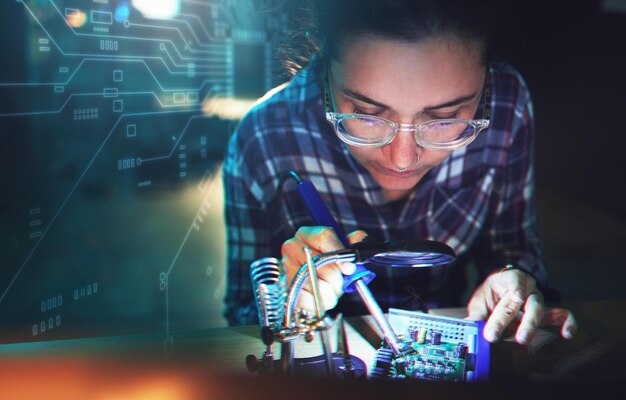 Mujer ingeniera y placa base con electrónica de microchip o soldador con superposición holográfica Placa de circuito de tecnología de la información o programación para el futuro desarrollo de hardware o sistema