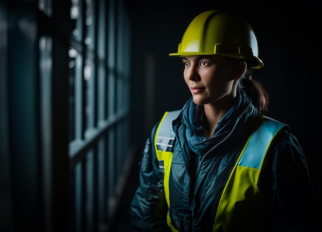 Mujer ingeniera en ropa de trabajo protectora y casco en planta industrial
