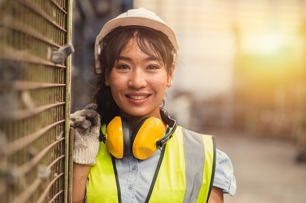 Mujer ingeniera trabajadora trabajadora asiática feliz sonriendo en la fábrica de maquinaria de la industria pesada