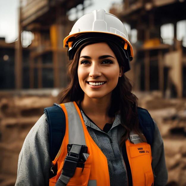 Mujer ingeniera trabajando en un casco de construcción y chaleco de trabajo AI generativa