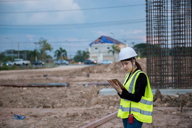 Mujer ingeniera trabajando en el sitio del puente en construcción