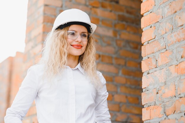 Mujer ingeniero mira edificio de vidrio.