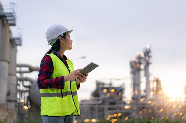 Mujer ingeniero petroquímico que trabaja con tableta digital