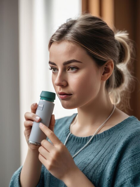 Foto mujer con inhalador de asma