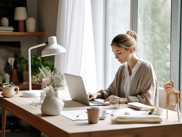 Mujer iniciando un negocio en línea joven europea trabajando con su computadora portátil en una oficina moderna