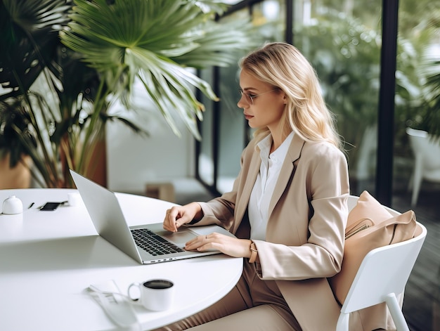 Mujer iniciando un negocio en línea joven europea trabajando con su computadora portátil en una oficina moderna