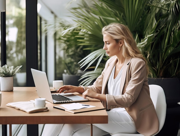 Mujer iniciando un negocio en línea joven europea trabajando con su computadora portátil en una oficina moderna