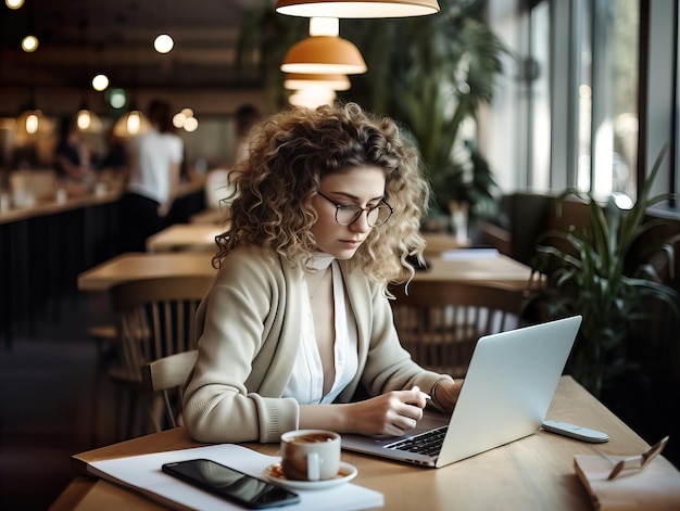 Mujer iniciando un negocio en línea joven europea trabajando con su computadora portátil en una oficina moderna