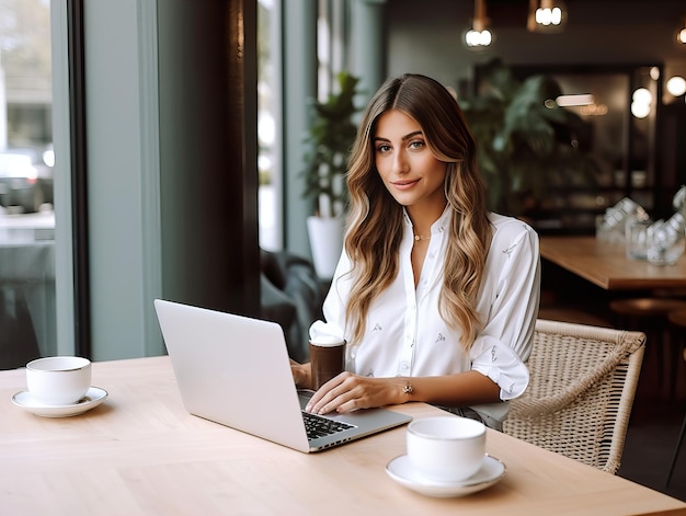 Mujer iniciando un negocio en línea joven europea trabajando con su computadora portátil en una oficina moderna