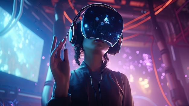 Mujer inmersa en la ilustración de arte digital de realidad virtual AI generativa