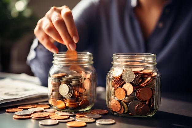 Una mujer inserta suavemente centavos en un frasco lleno de monedas de euro