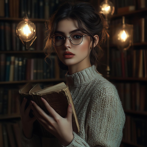 Mujer intelectual con gafas sosteniendo un libro vintage en una acogedora biblioteca con iluminación ambiente cálida