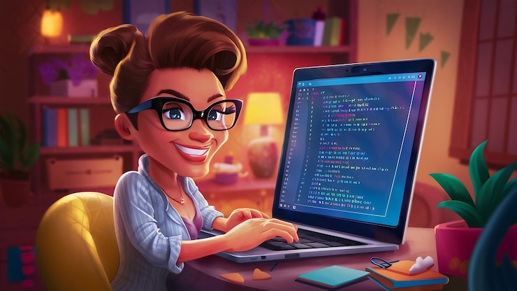 Foto mujer inteligente y alegre con gafas trabajando con una computadora portátil en una habitación acogedora