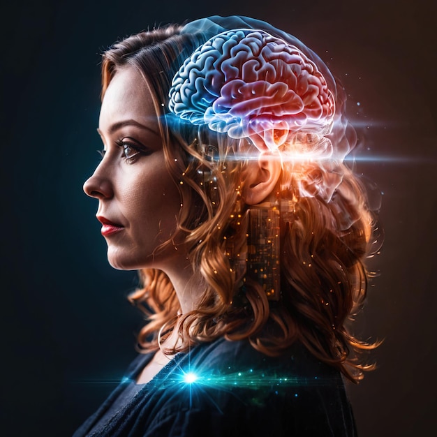 Foto mujer inteligente con cerebro que muestra inteligencia de pensamiento y poder cerebral