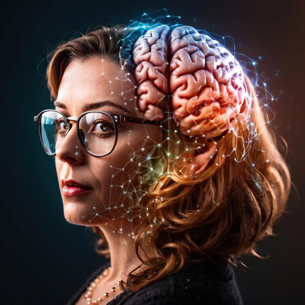 Foto mujer inteligente con cerebro que muestra inteligencia de pensamiento y poder cerebral