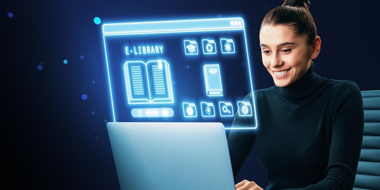 Foto la mujer interactúa con la interfaz de la biblioteca digital en la pantalla de la computadora portátil con iconos de neón brillantes en fondo oscuro
