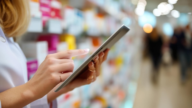 Mujer interactúa con una tableta digital en una tienda moderna mientras navega por varios productos en exhibición