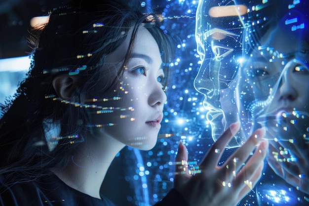 Mujer interactuando con un holograma de IA en un entorno futurista AIG62