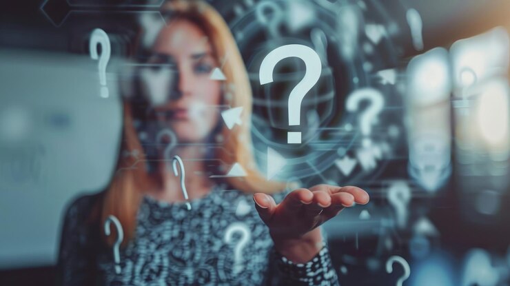 Foto mujer interactuando con una interfaz digital de signos de interrogación