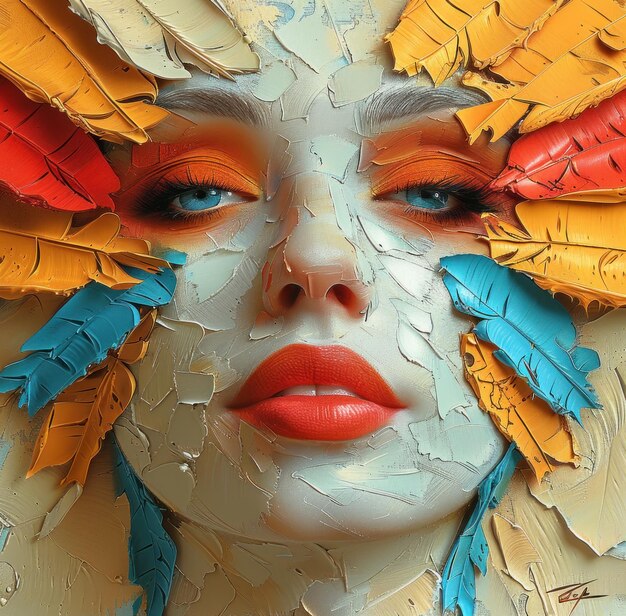 Una mujer con intrincados diseños de plumas pintados en su cara que muestran obras de arte detalladas y creatividad