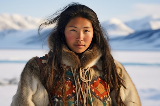 Mujer inuit con abrigo de piel contra el telón de fondo de Alaska