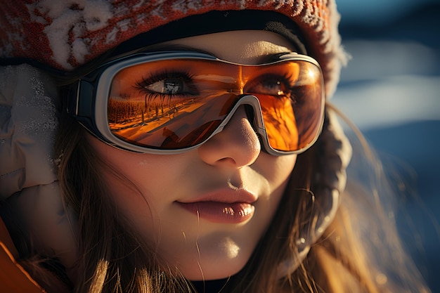 Una mujer de invierno se pone gafas de esquí que desprenden emoción en medio de las laderas nevadas en un encantador balneario de invierno