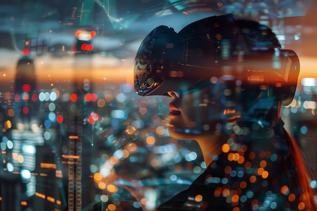 Una mujer se involucra con equipos de realidad virtual mientras está rodeada por un impresionante horizonte de la ciudad iluminado por luces de colores que muestran la innovación por la noche
