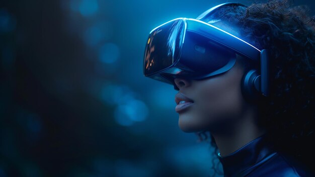 Mujer involucrada en la experiencia de realidad virtual Futuristic Blue Glow