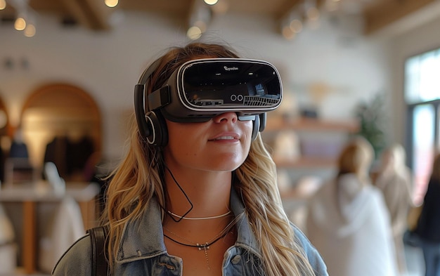 Mujer involucrada con gafas de realidad virtual IA generativa