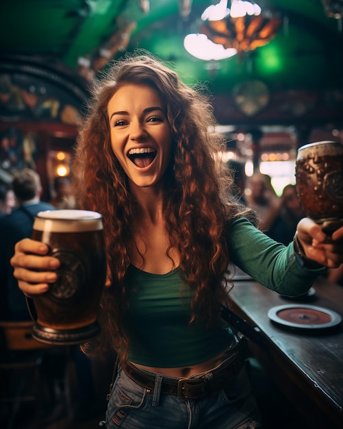 Foto mujer irlandesa divertida en el pub irlandés st patrick's day